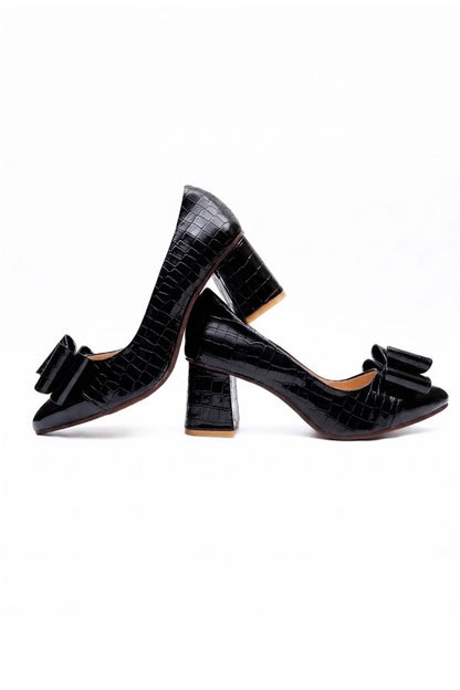 Midnight Croc Bow Block Heels - Glossy Black   WCS000201
