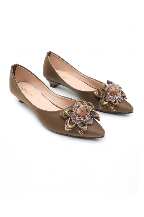 Olive Bronze Floral Kitten Heels  WBA001002