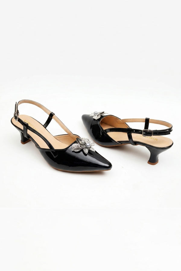 Black Patent Silver Brooch Slingback Heels  WSA001601