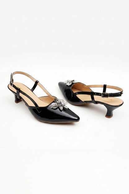 Black Patent Silver Brooch Slingback Heels  WSA001601