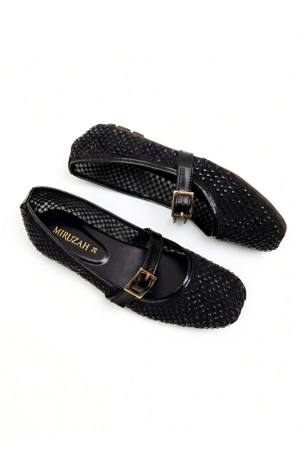 Black Open-Mesh Jeweled Flat Pumps  WBA001101