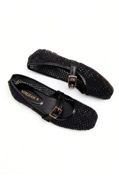 Black Open-Mesh Jeweled Flat Pumps  WBA001101