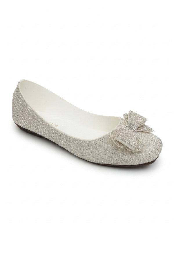Off White Crystal Bow Flat Shoes  WBA001312