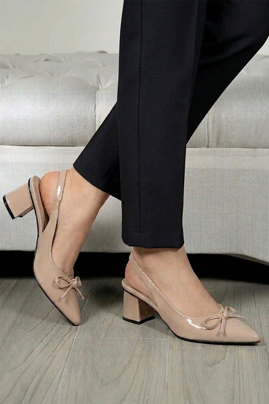 Patent Beige Bow Block Heel Women Pakistan – Miruzah