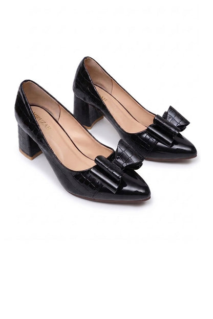 Midnight Croc Bow Block Heels - Glossy Black   WCS000201