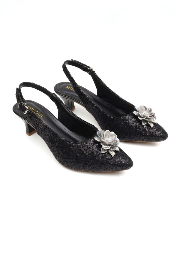 Black Sequin Floral Slingback Kitten Heels  WSA001501