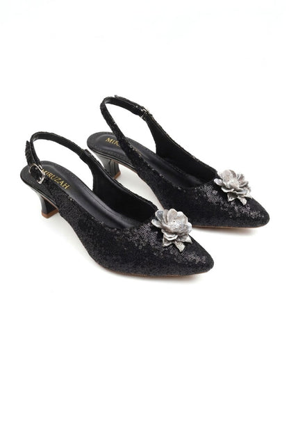Black Sequin Floral Slingback Kitten Heels  WSA001501