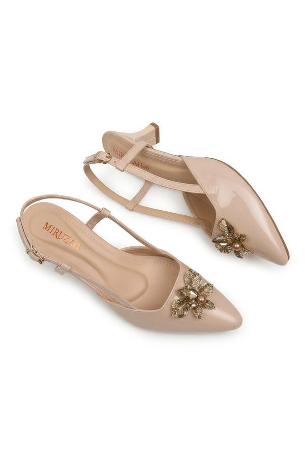 Blush Patent Strappy Gold Brooch Low Heels  WSA001605