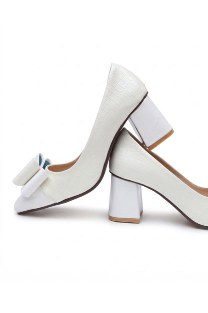 Ivory Croc Bow Block Heels  WCS0002034