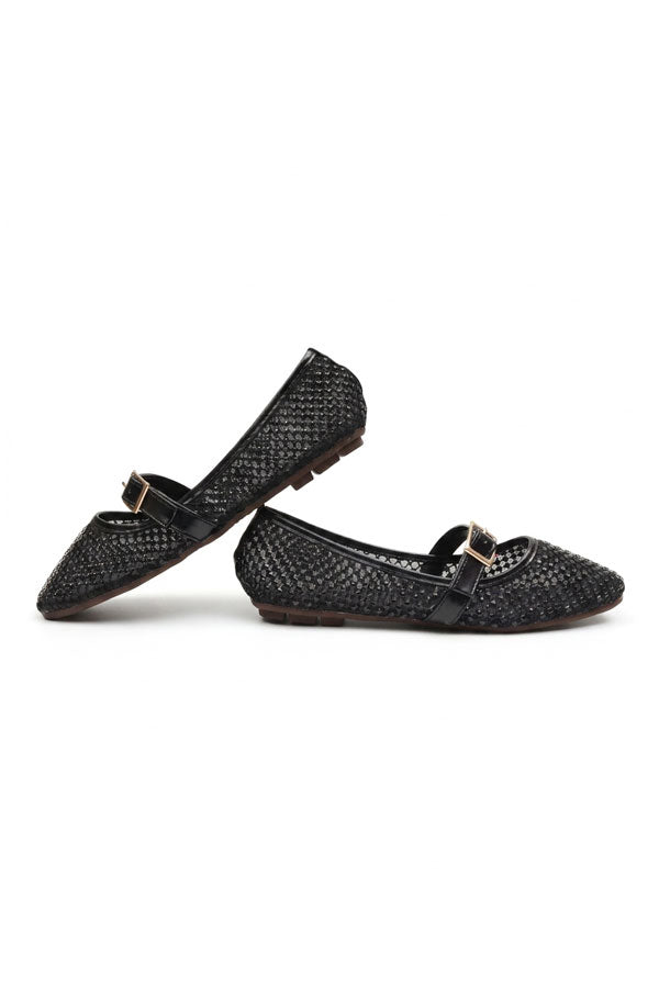 Black Open-Mesh Jeweled Flat Pumps  WBA001101