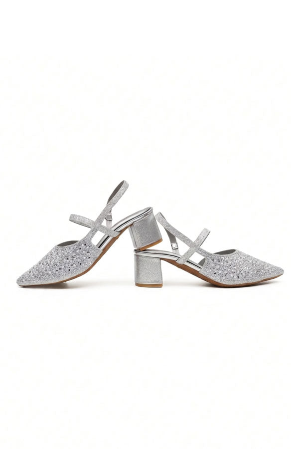 Silver Shimmer Strappy Bridal Low Heels  WSA001712