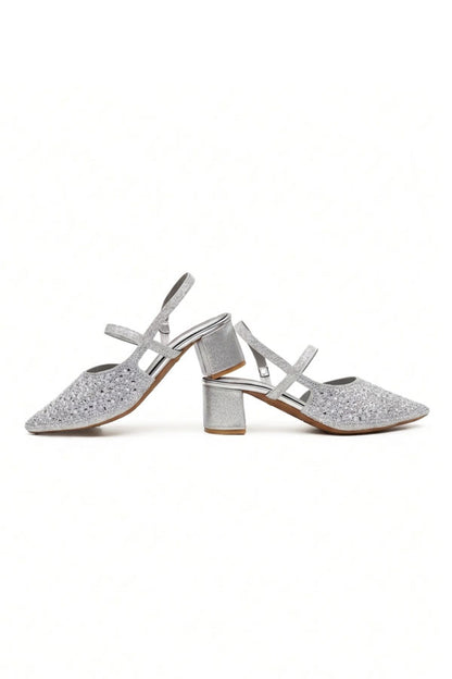 Silver Shimmer Strappy Bridal Low Heels  WSA001712