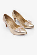 Gold Metallic Pearl Bow Court Pumps   WCS000311