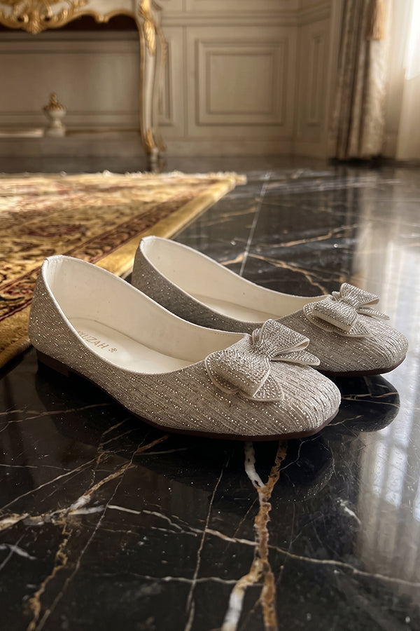 Off White Crystal Bow Flat Shoes  WBA001312