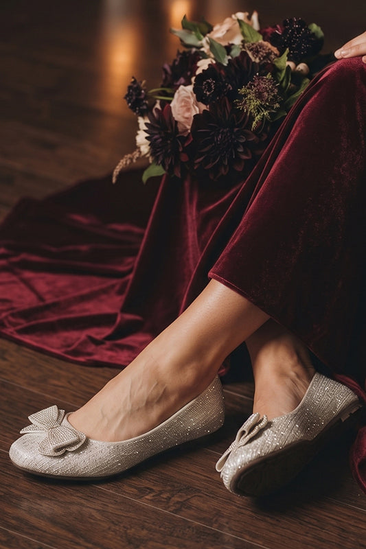 Off White Crystal Bow Flat Shoes  WBA001312