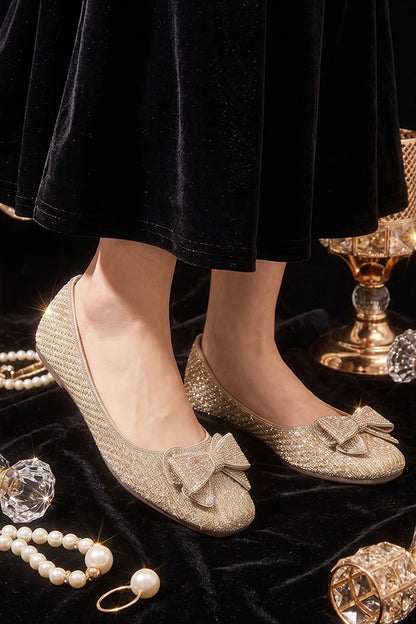 Gold Rhinestone Bow Ballet Flats  WBA001311