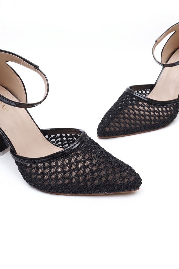 Onyx Black Mesh Ankle Heels  WSA001101