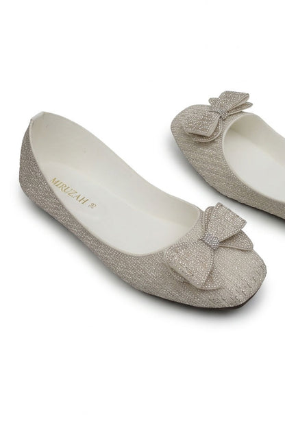 Off White Crystal Bow Flat Shoes  WBA001312