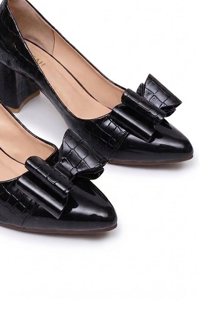 Midnight Croc Bow Block Heels - Glossy Black   WCS000201