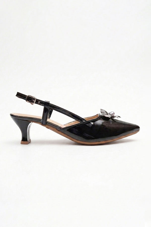 Black Patent Silver Brooch Slingback Heels  WSA001601