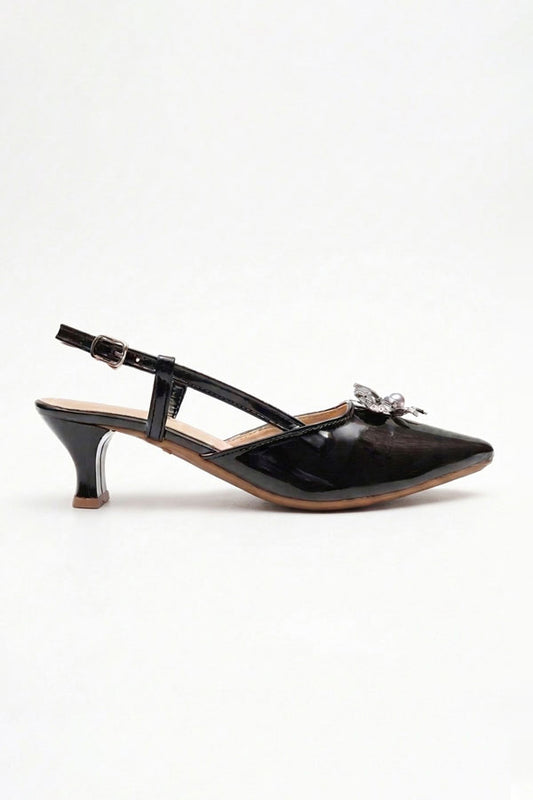 Black Patent Silver Brooch Slingback Heels  WSA001601