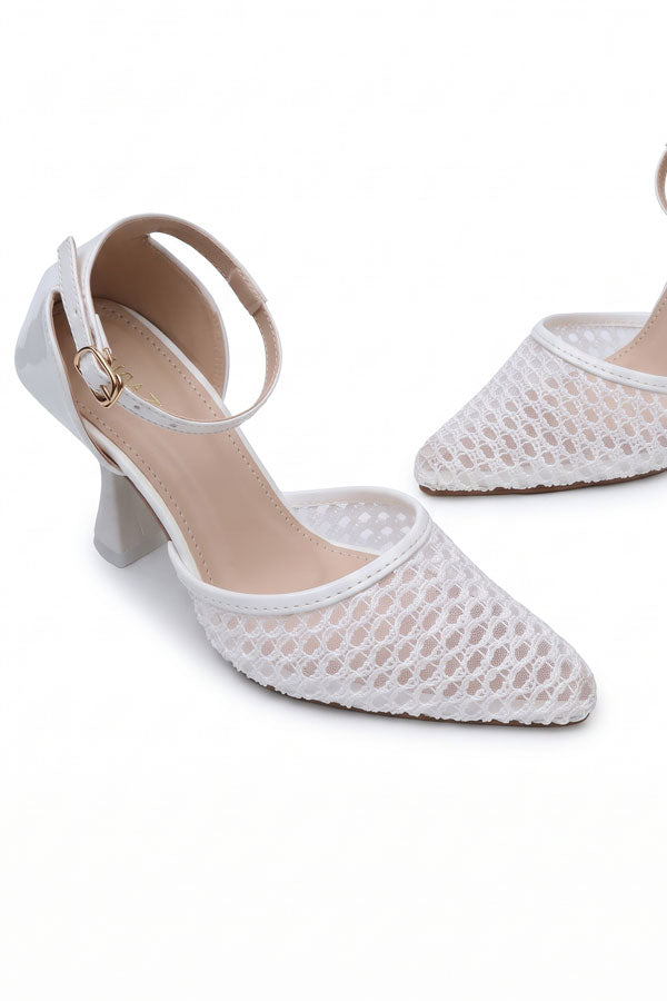 Pearl White Mesh Ankle Heels  WSA001134