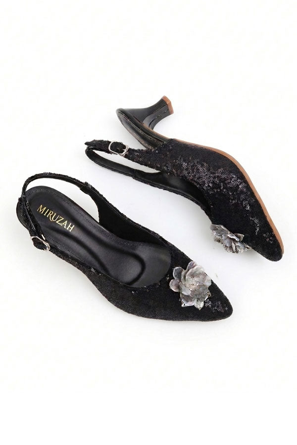 Black Sequin Floral Slingback Kitten Heels  WSA001501