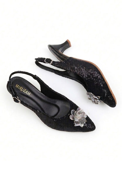 Black Sequin Floral Slingback Kitten Heels  WSA001501