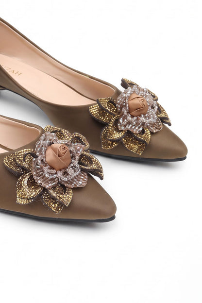 Olive Bronze Floral Kitten Heels  WBA001002