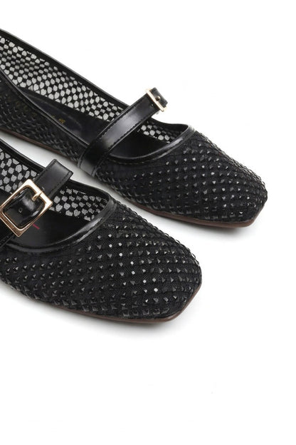 Black Open-Mesh Jeweled Flat Pumps  WBA001101