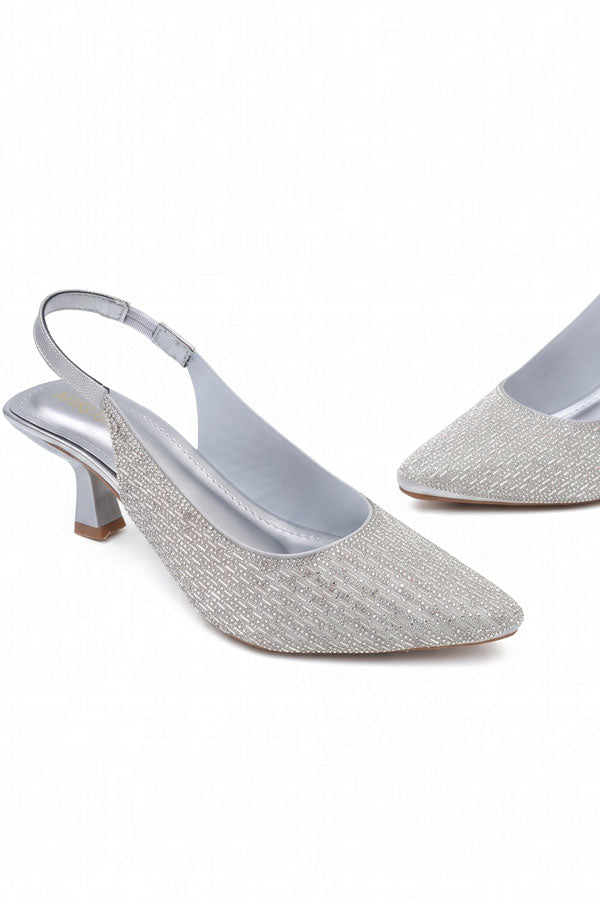 Metallic Silver Gem Mid Heels  WSA001212