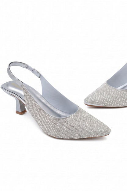 Metallic Silver Gem Mid Heels  WSA001212