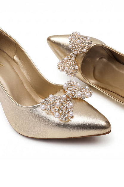 Gold Metallic Pearl Bow Court Pumps   WCS000311