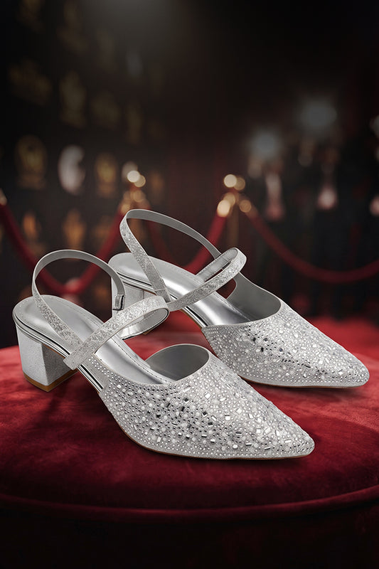 Silver Shimmer Strappy Bridal Low Heels  WSA001712