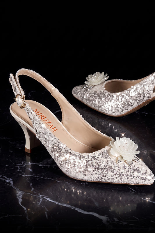 Metallic Floral Brooch Low Kitten Heels  WSA001511