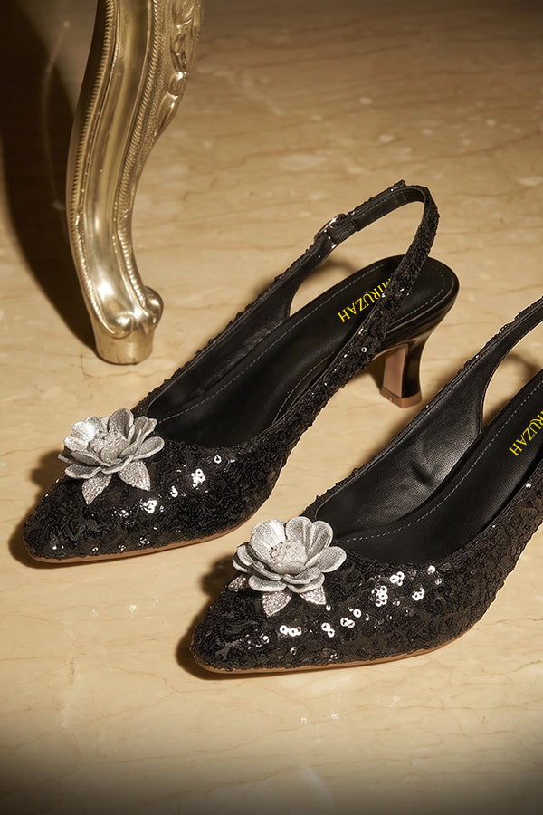 Black Sequin Floral Slingback Kitten Heels  WSA001501