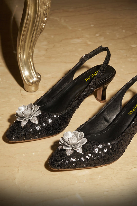 Black Sequin Floral Slingback Kitten Heels  WSA001501