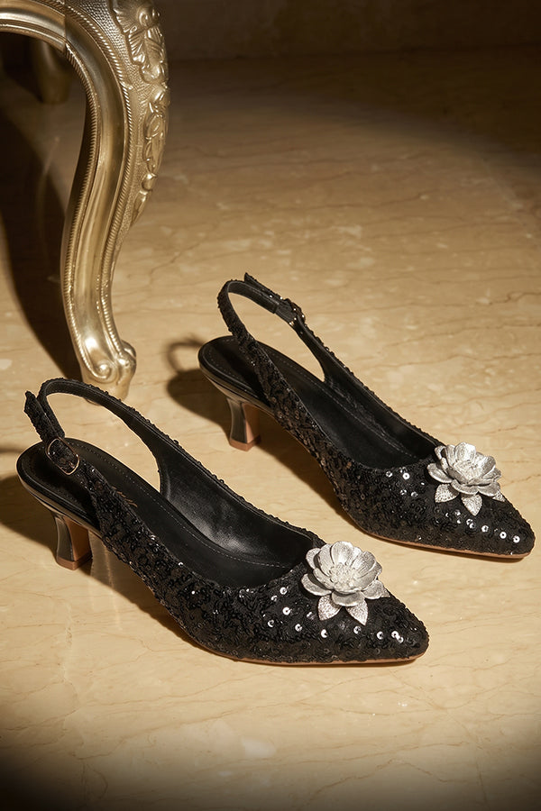 Black Sequin Floral Slingback Kitten Heels  WSA001501