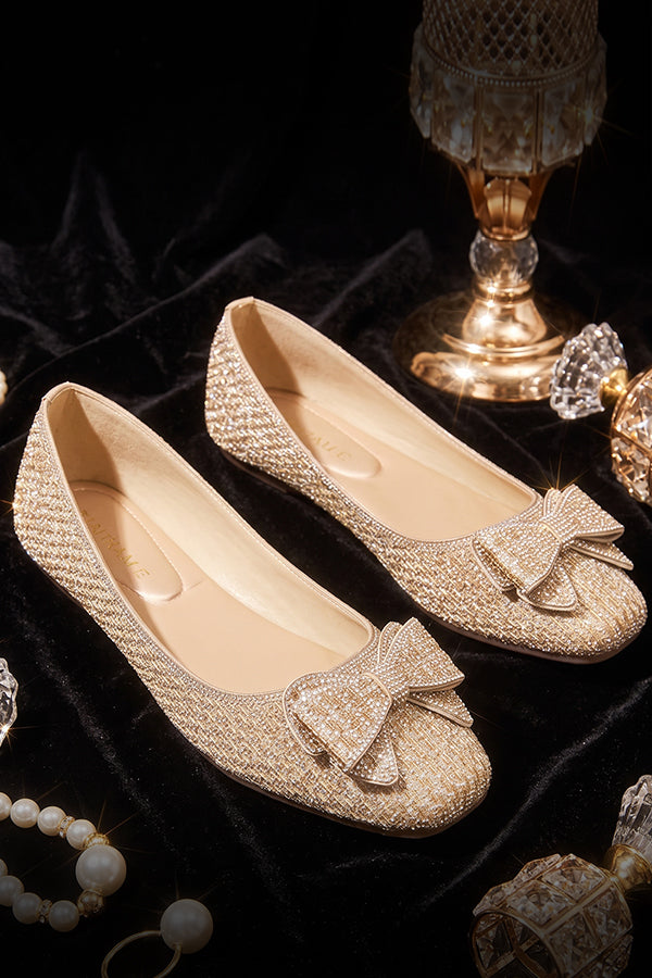 Gold Rhinestone Bow Ballet Flats  WBA001311