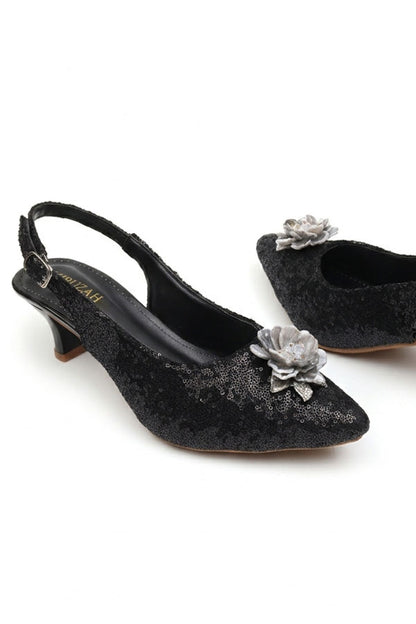Black Sequin Floral Slingback Kitten Heels  WSA001501