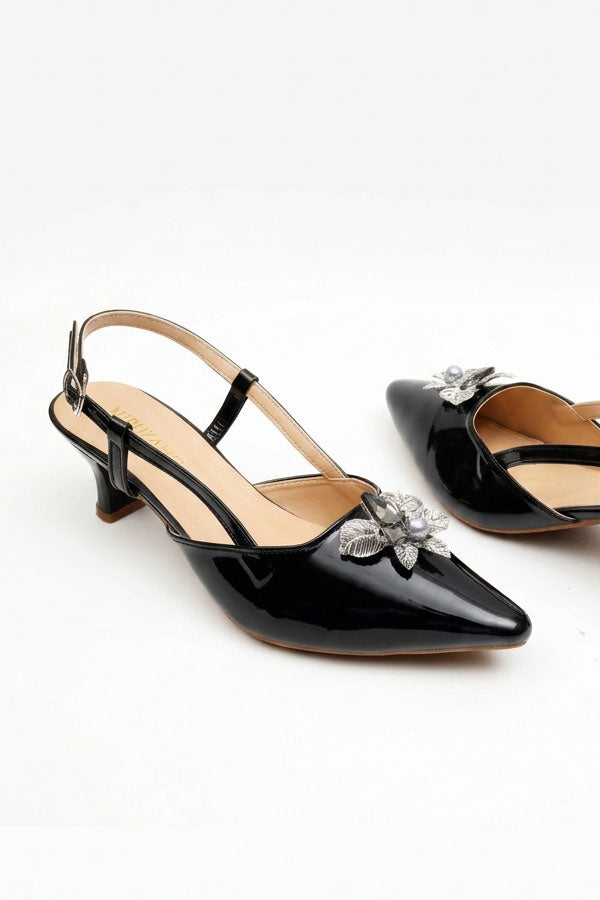 Black Patent Silver Brooch Slingback Heels  WSA001601
