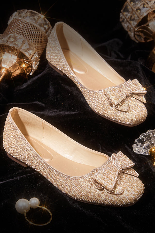 Gold Rhinestone Bow Ballet Flats  WBA001311