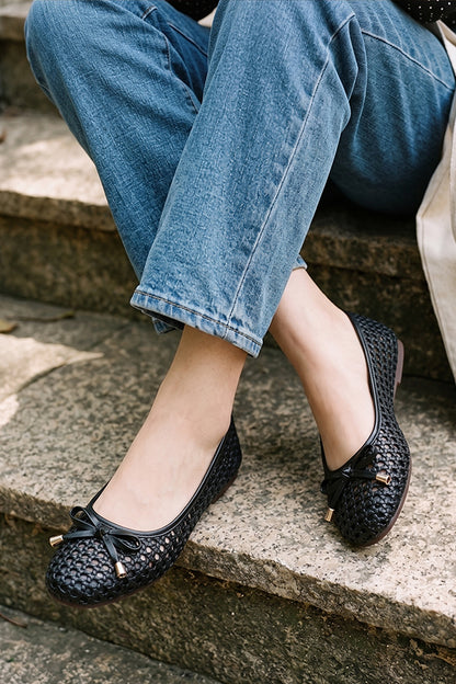 Black Lattice Bow Slip-On Shoes  WBA001201