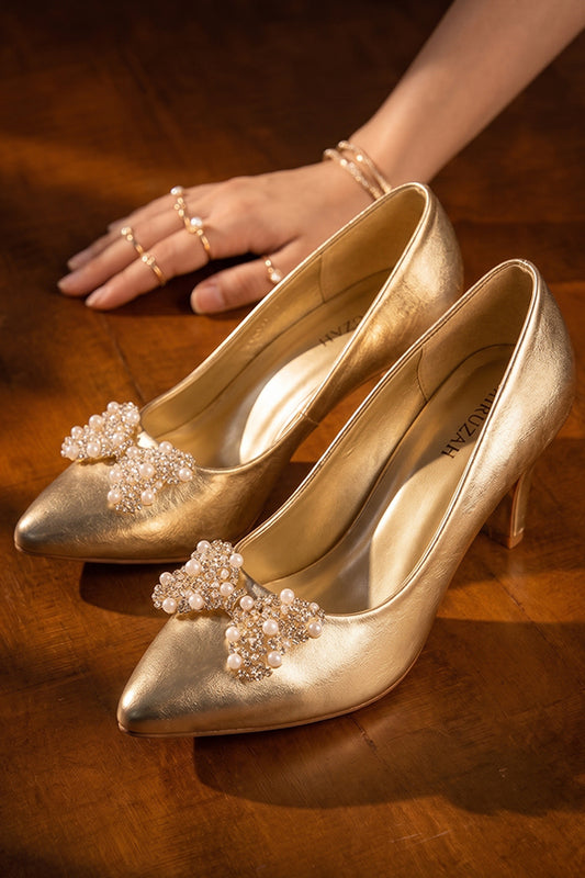 Gold Metallic Pearl Bow Court Pumps   WCS000311